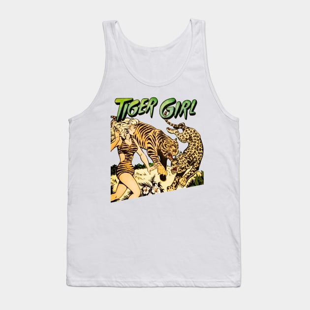 Woman Tiger Leopard Wild Jungle Yellow Orange Retro Comic Vintage Cartoon Book Cover Tank Top by REVISTANGO